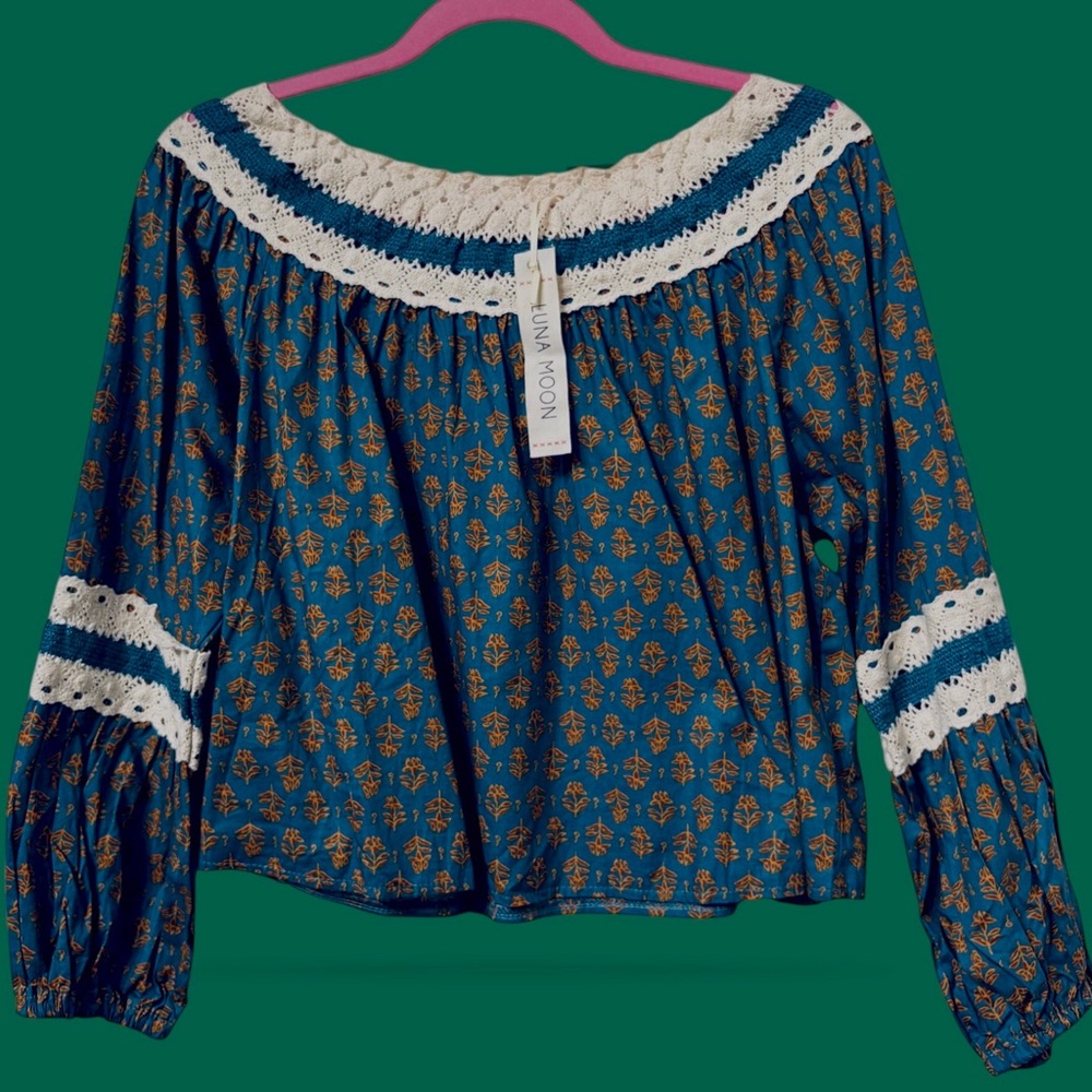Luna Moon Blue Patterned Peasant Crochet Cotton Tunic Blouse